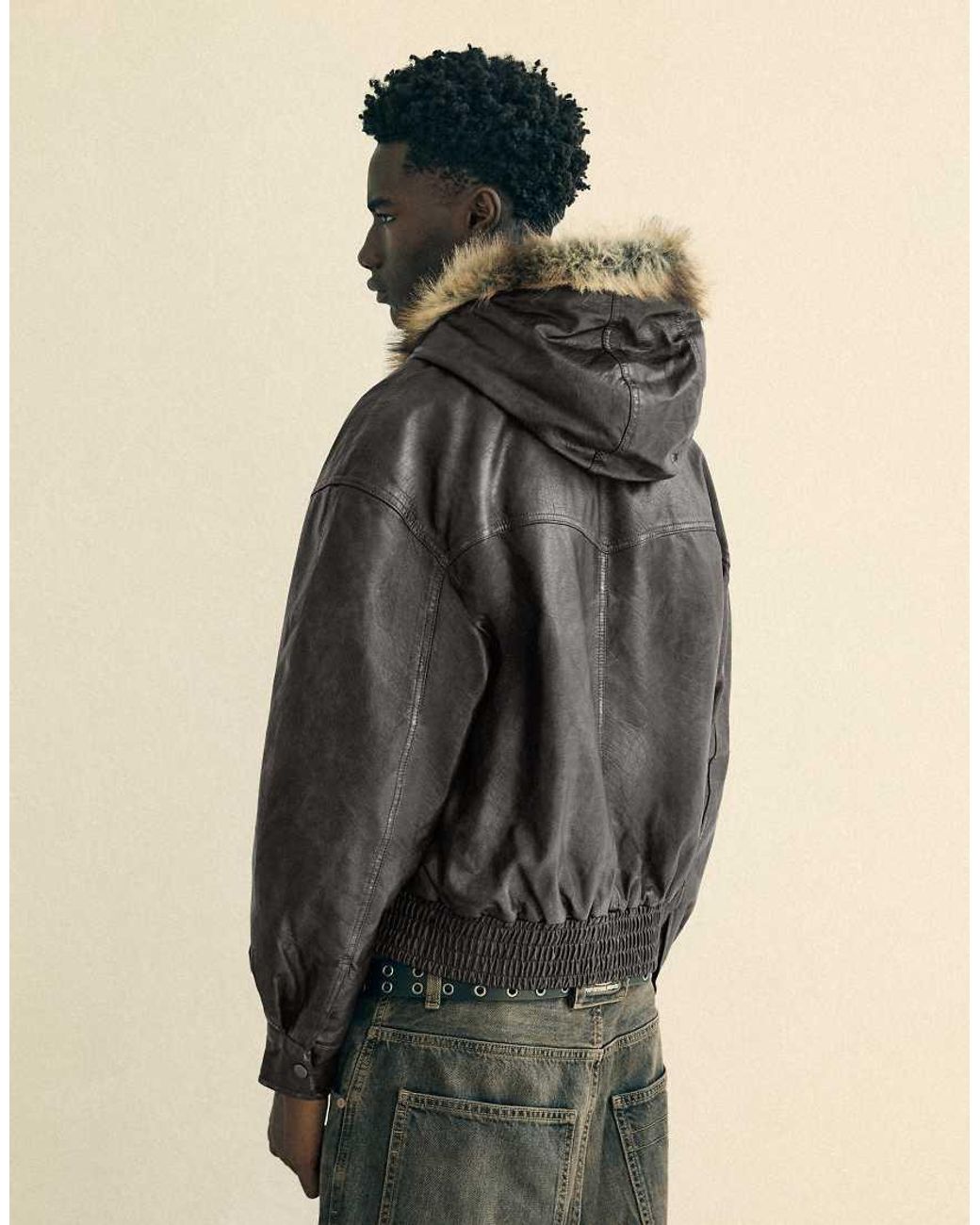 Bershka Natural Leather Effect Jacket With Faux Fur Hood for men