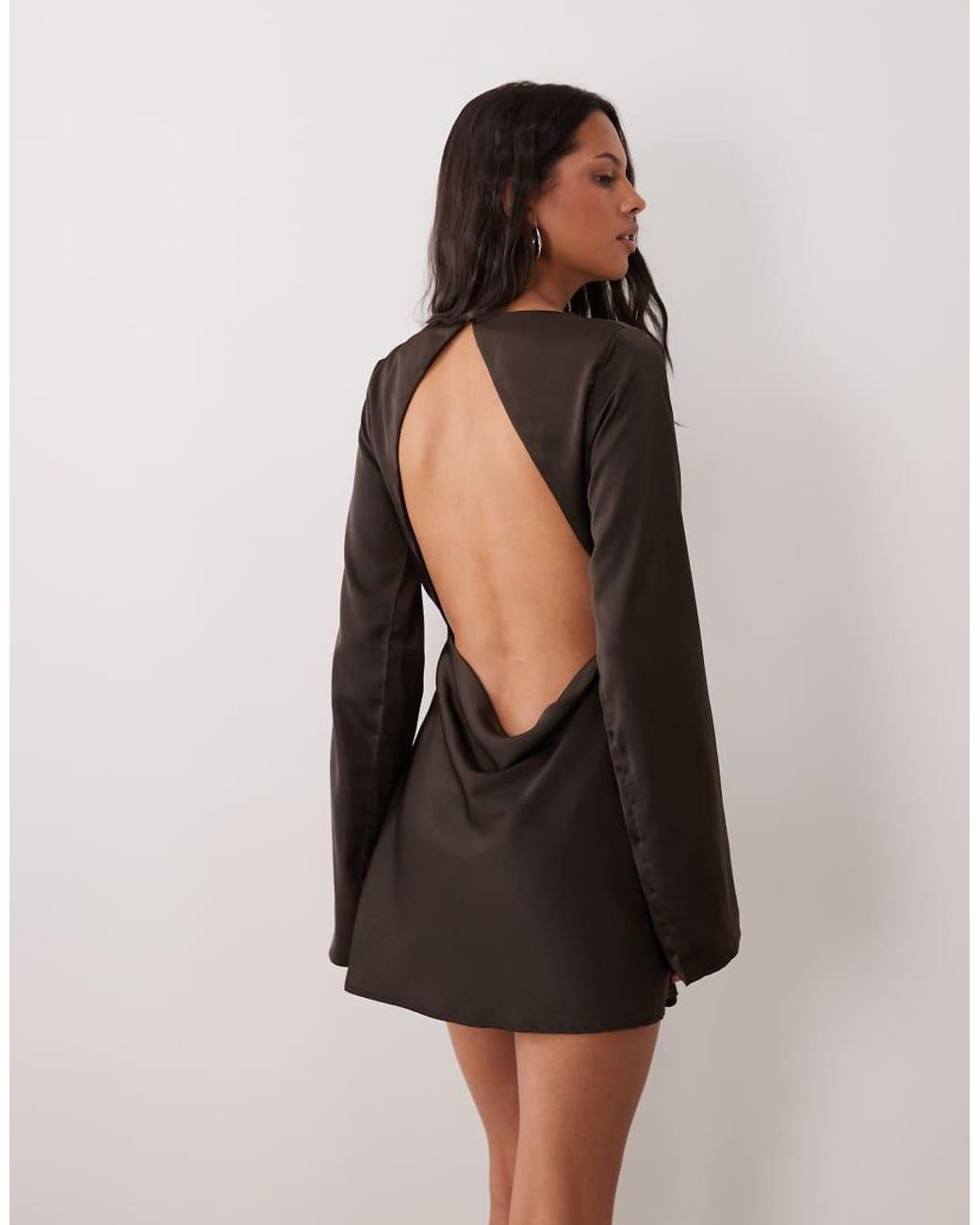 SNDY'S Brown Satin Wide Sleeve Open Back Detail Mini Dress