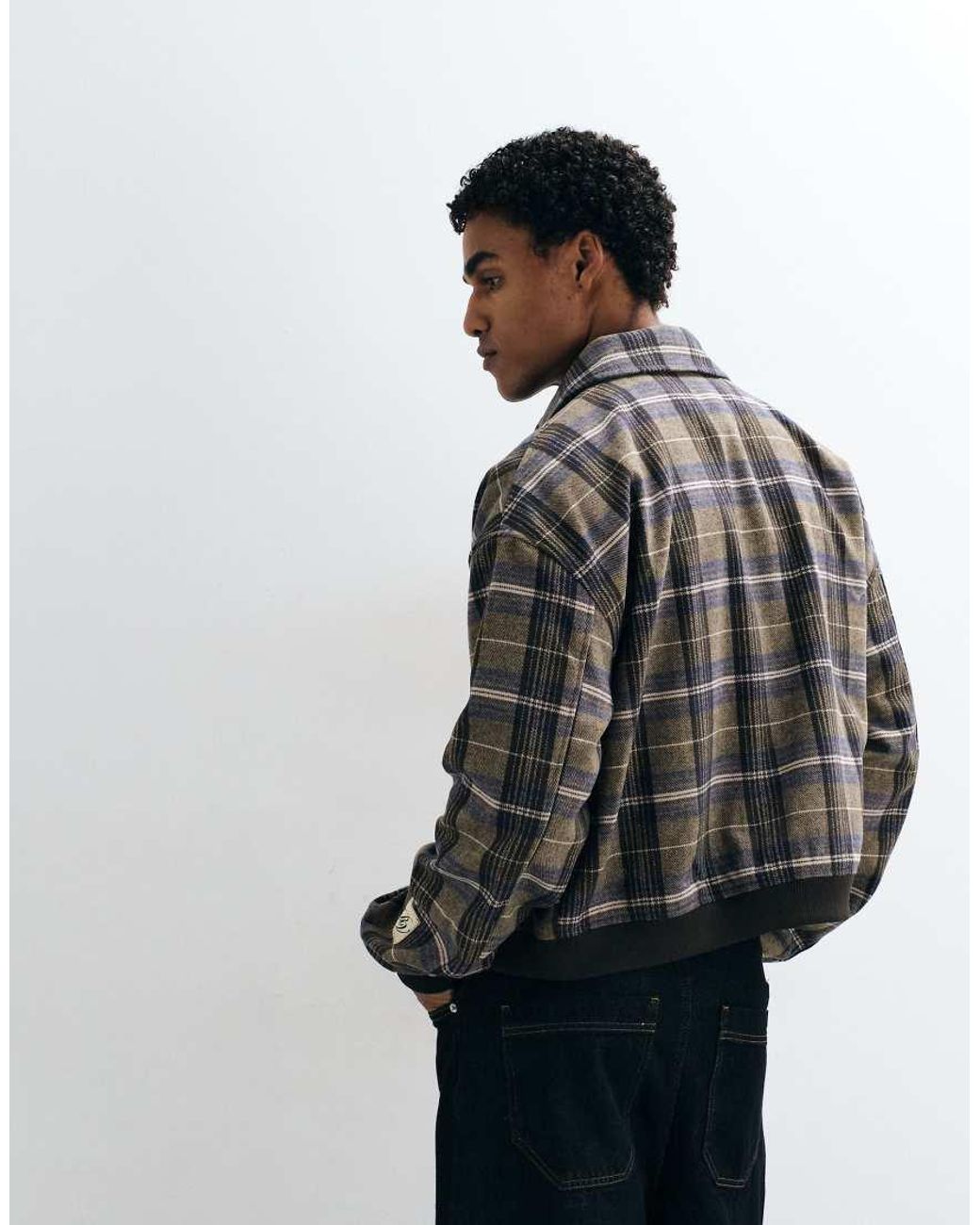 Reclaimed Vintage Blue Boxy Check Zip Through Jacket With Rib Cuff Detail for men