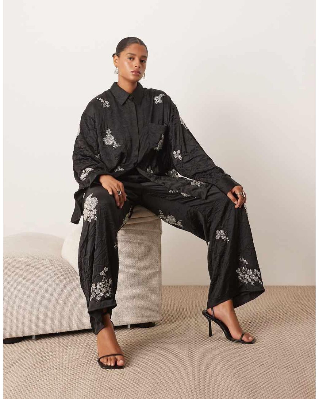 ARRANGE Black Curve Crinkle Satin Floral Embellished Trouser Co-Ord