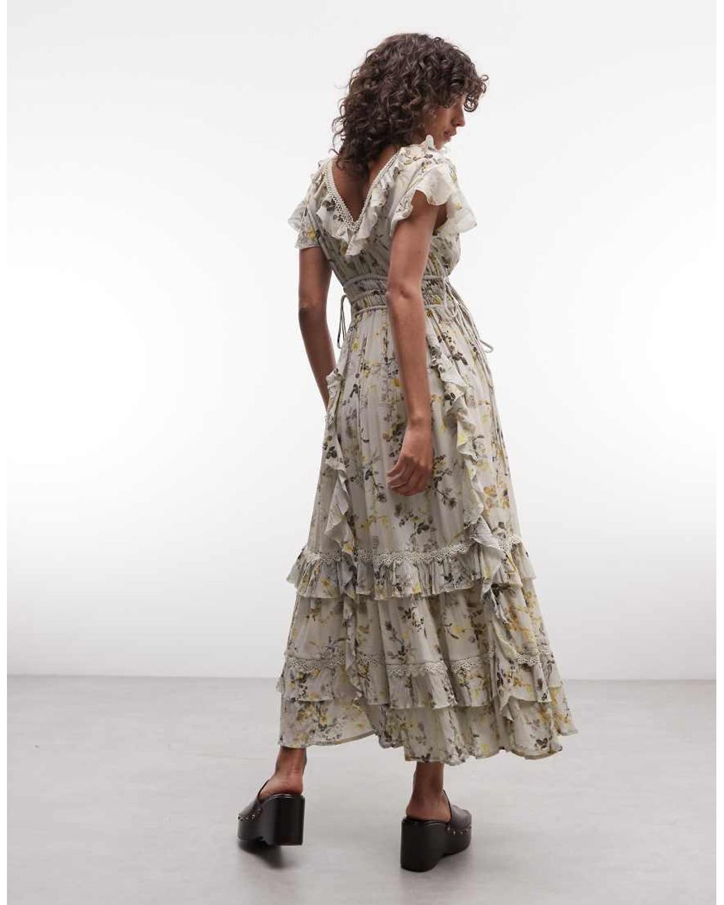 AllSaints Green Canto Ruffle Tiered Floral Midi Dress Pale