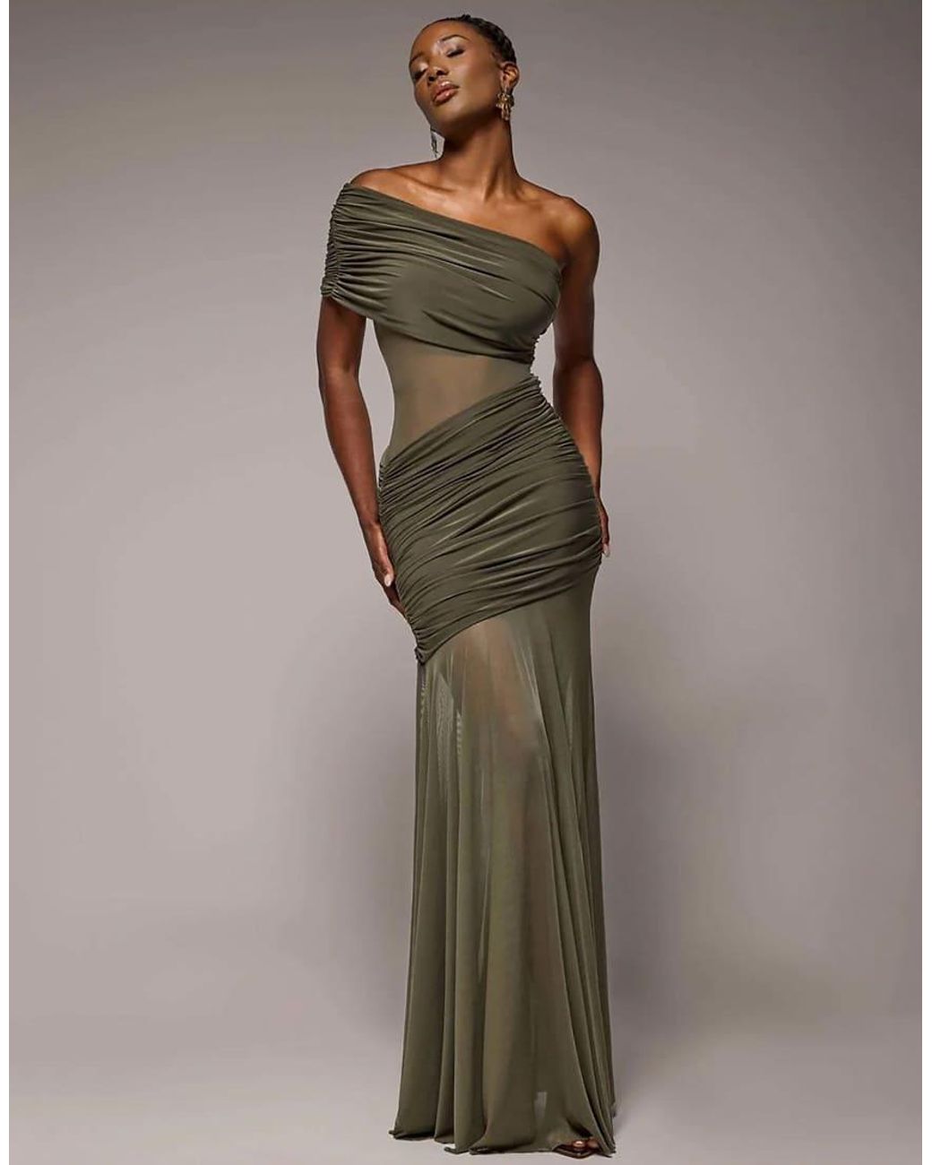 Goddiva Green Gathered One Shoulder Sheer Panel Maxi Dress