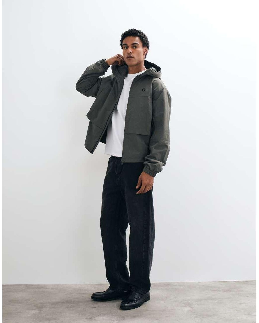 Fred Perry Gray Zip Through Boxy Hooded Logo Jacket for men