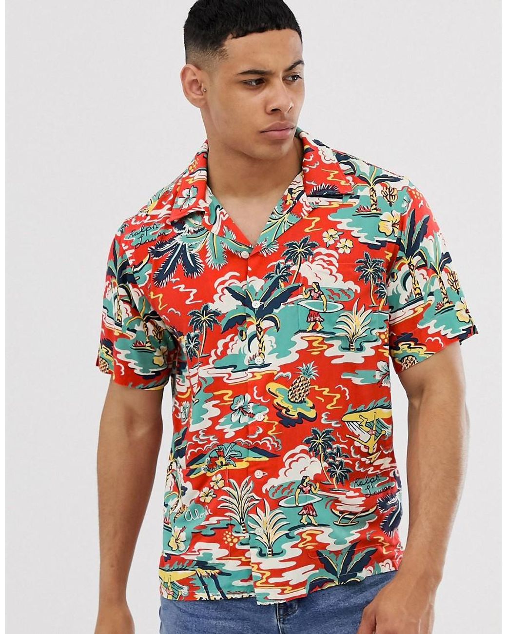Polo Ralph Lauren Surf Print Hawaiian Print Short Sleeve Pockets Shirt in  Red for Men | Lyst
