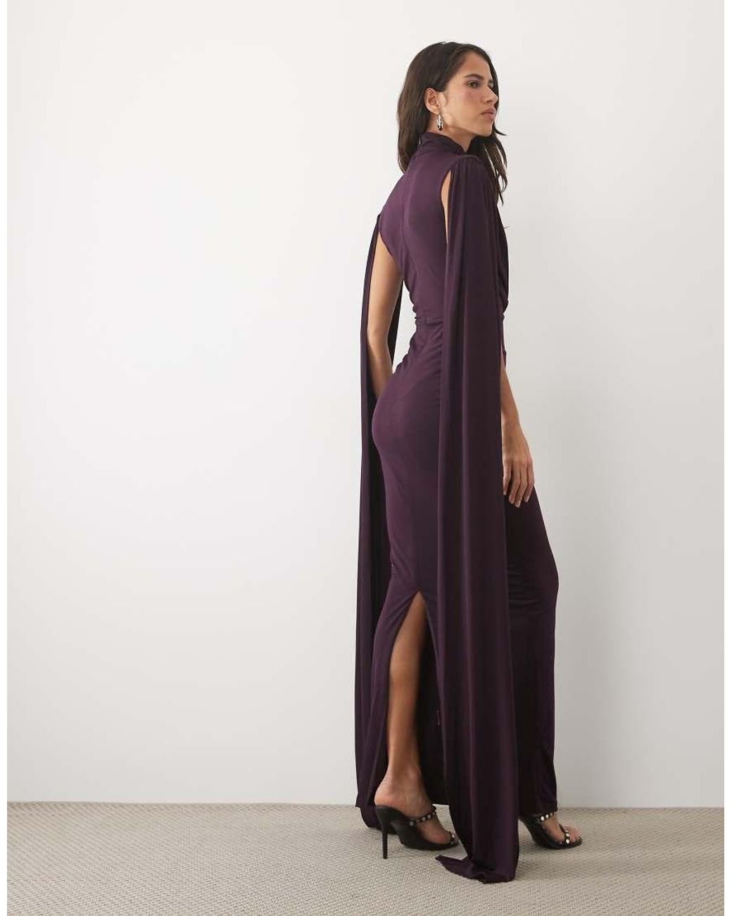 TFNC London Purple Premium Slinky High Neck Drape Detail Cape Sleeve Maxi Dress