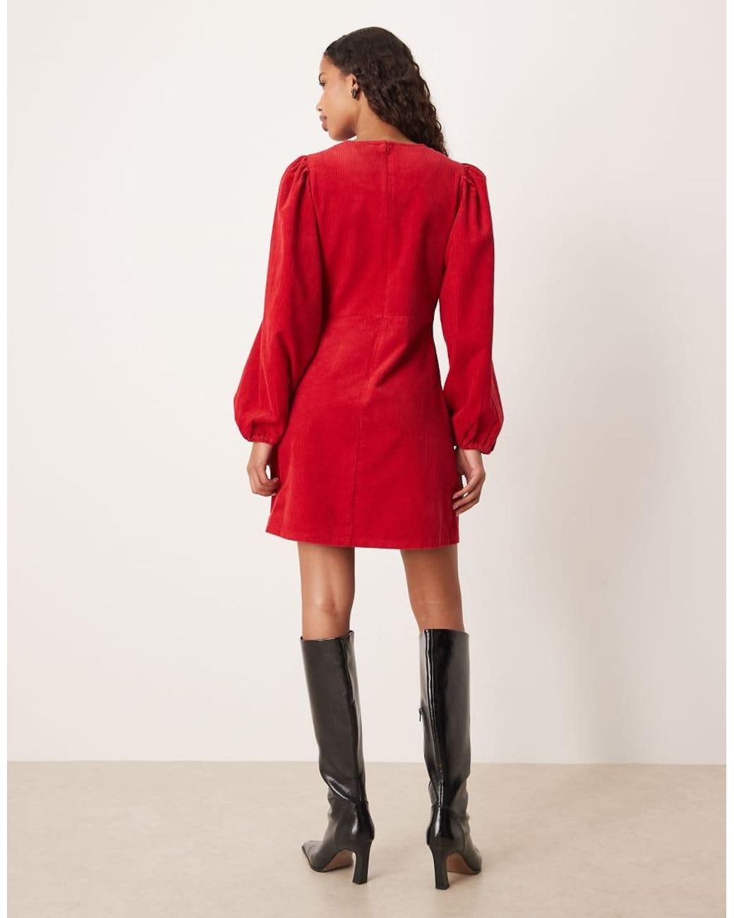 Nobody's Child Red peggy Balloon Sleeve Cord Mini Dress