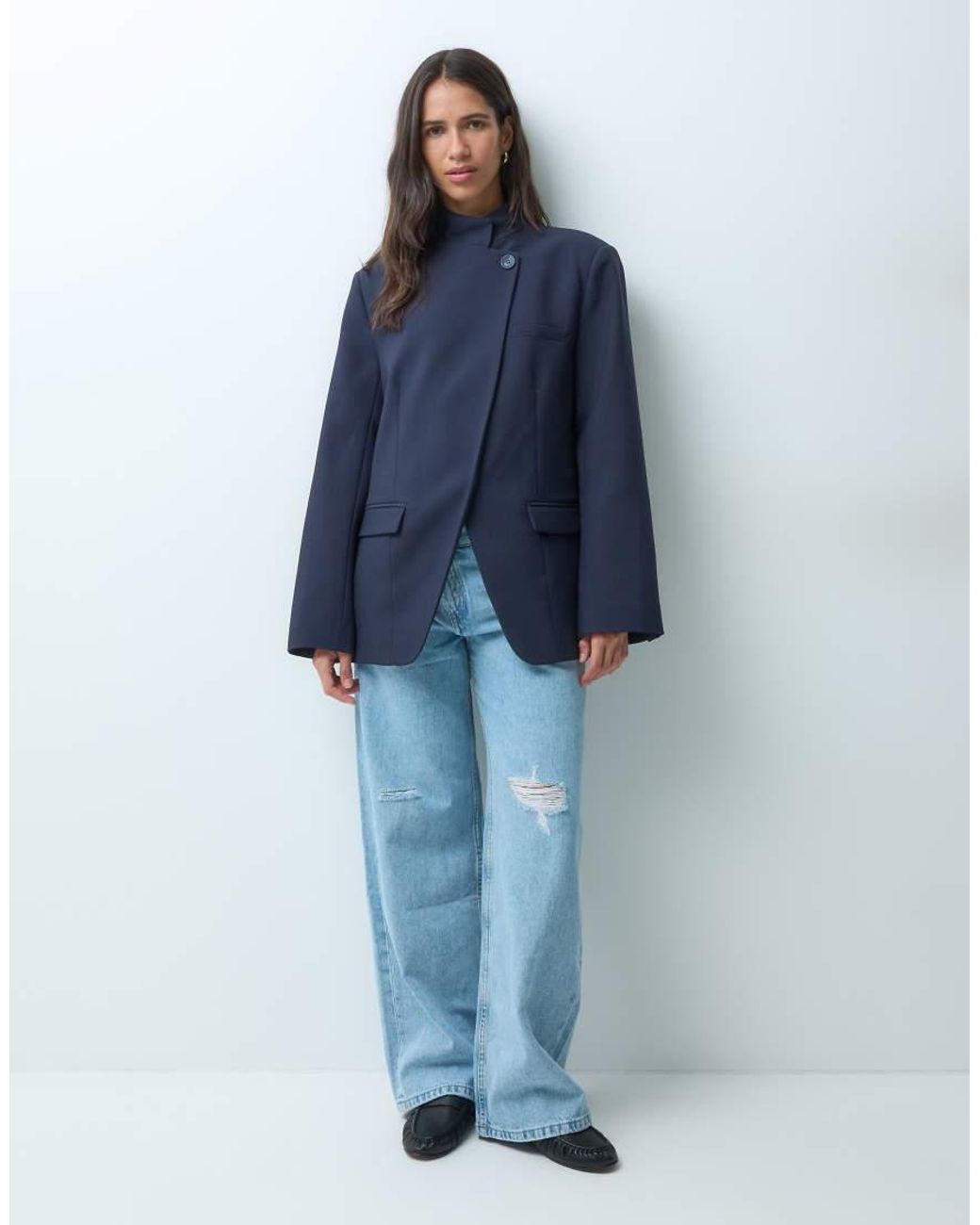 ASOS Blue Tailored High Neck Wrap Front Blazer