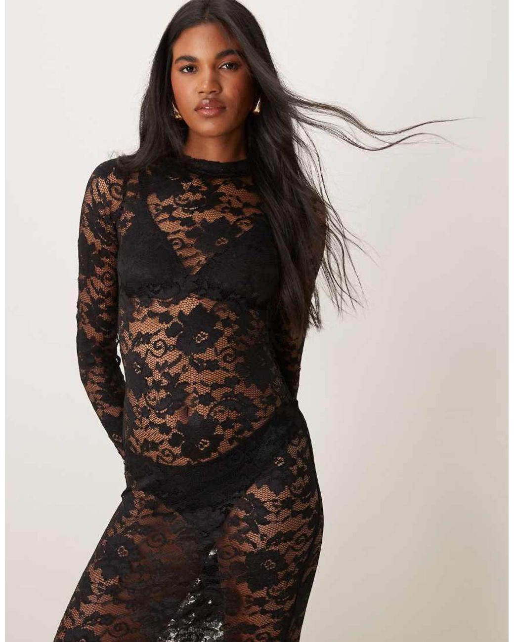 roman lace dresses Aurelia Lace Trim Maxi Dress in Black