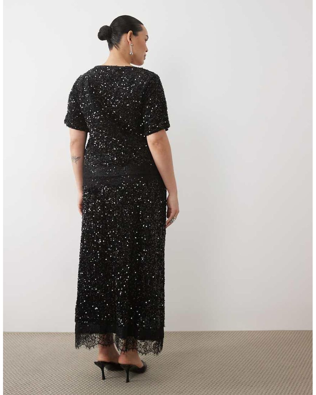 Vila Curve Black Sequin & Velour Maxi Skirt Co-Ord With Lace Trim