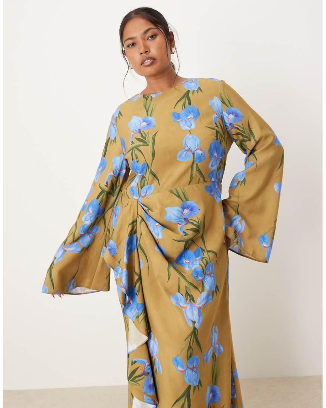 ASOS Blue Asos Design Curve Long Sleeve Maxi Dress With Ruffle Skirt