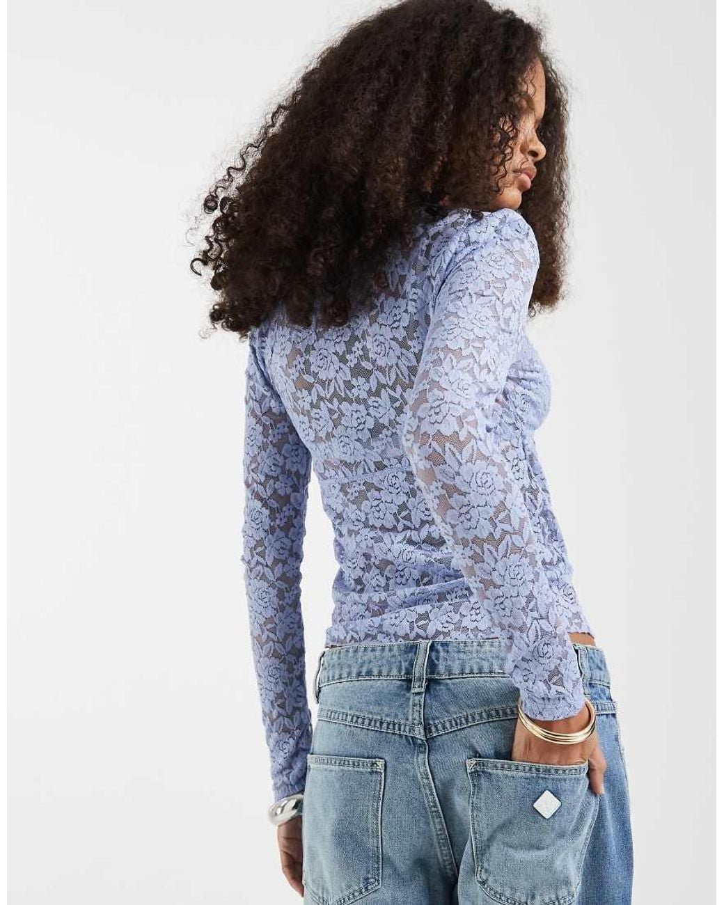 Free People Blue All Day Long Sleeve Lace Top