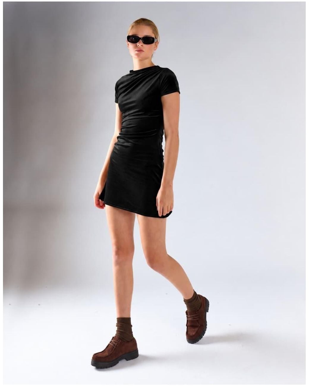 Glamorous Black Ruched Short Sleeve Mini Dress
