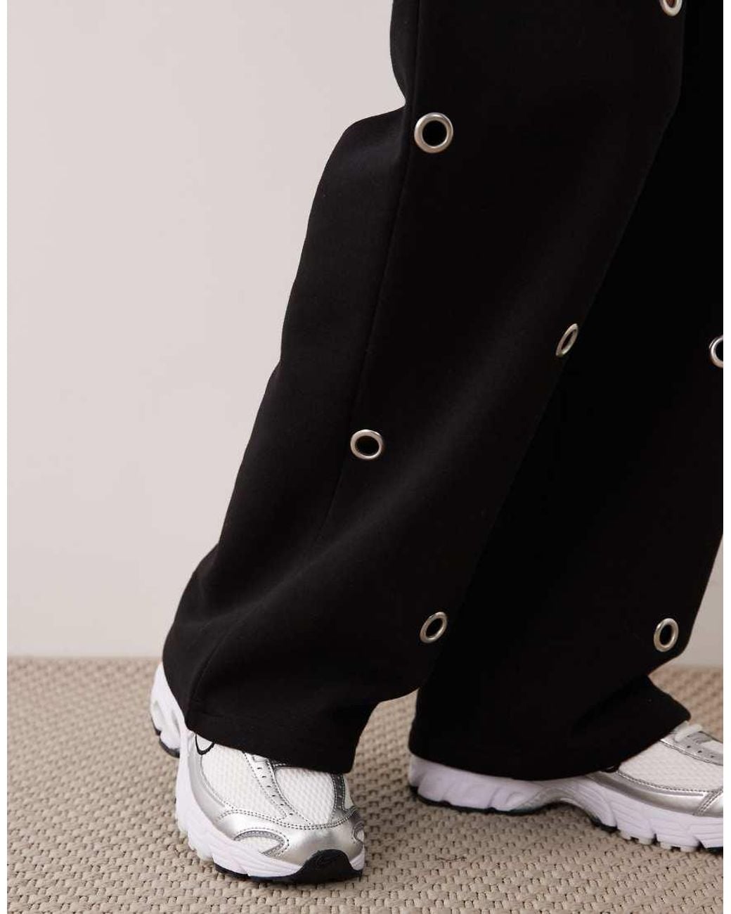 Kaiia Black Cotton Rich Eyelet Front Wide Leg Trackies