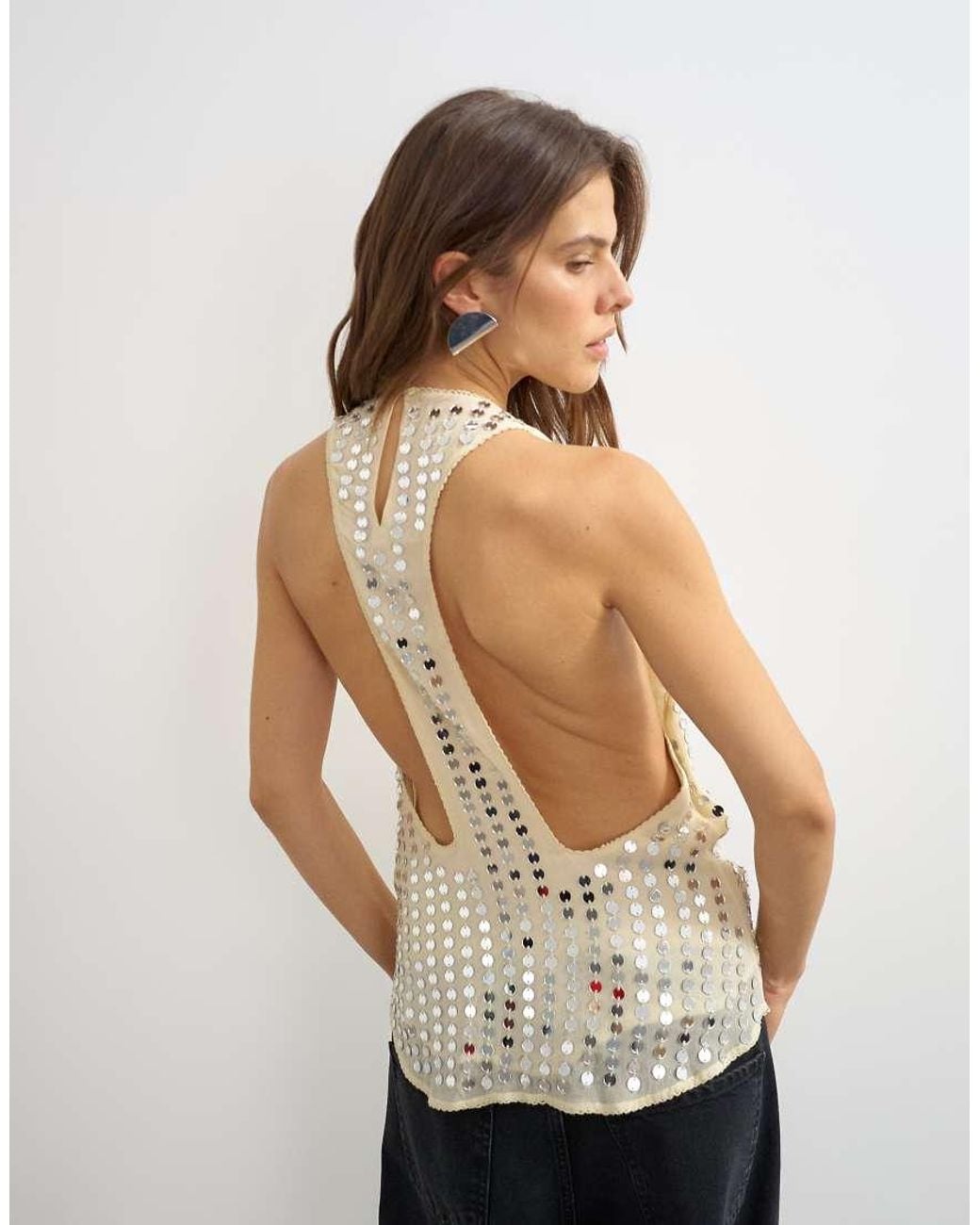 TOPSHOP Natural Premium Low Scoop Open Back Tank Top With Heavy Embellishment
