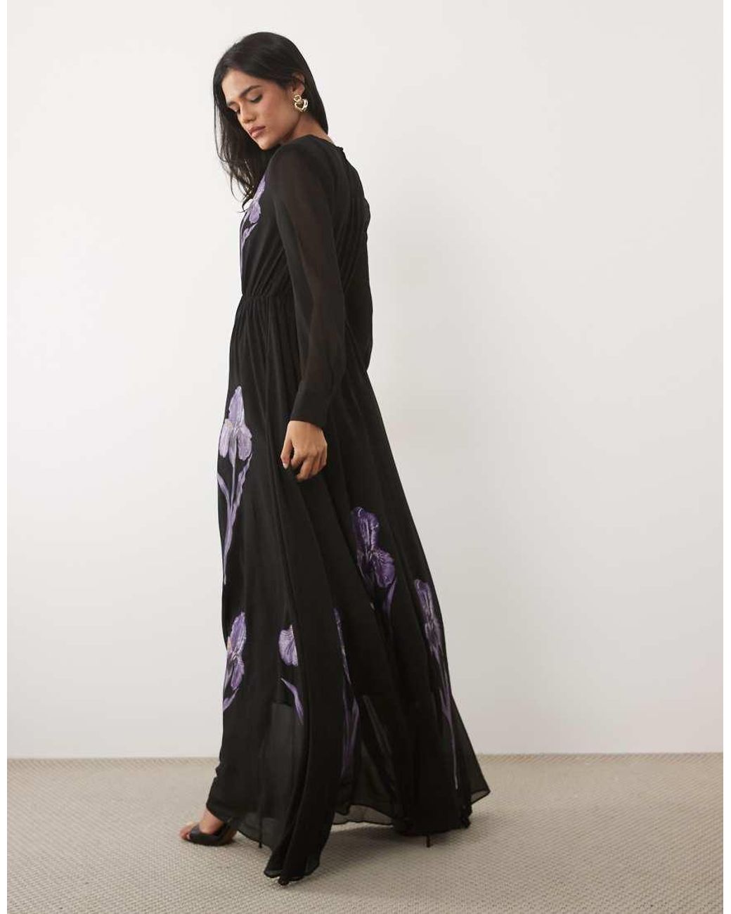 JW PEI Black Iris Floral Applique Plunging Long Sleeve Maxi Dress