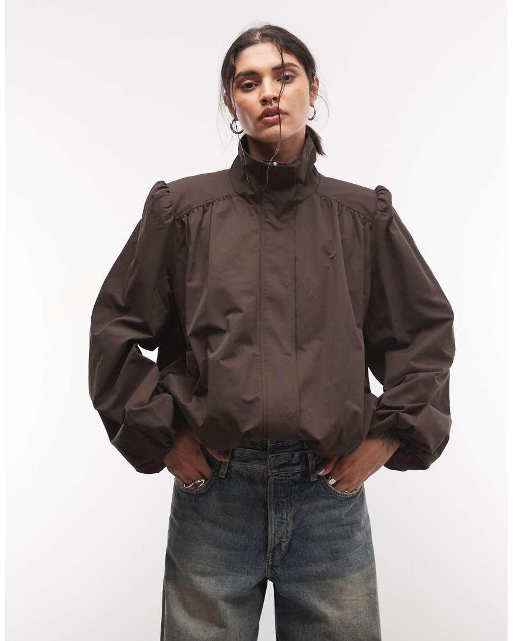 Monki Brown Balloon Sleeve High Neck Trench Coat