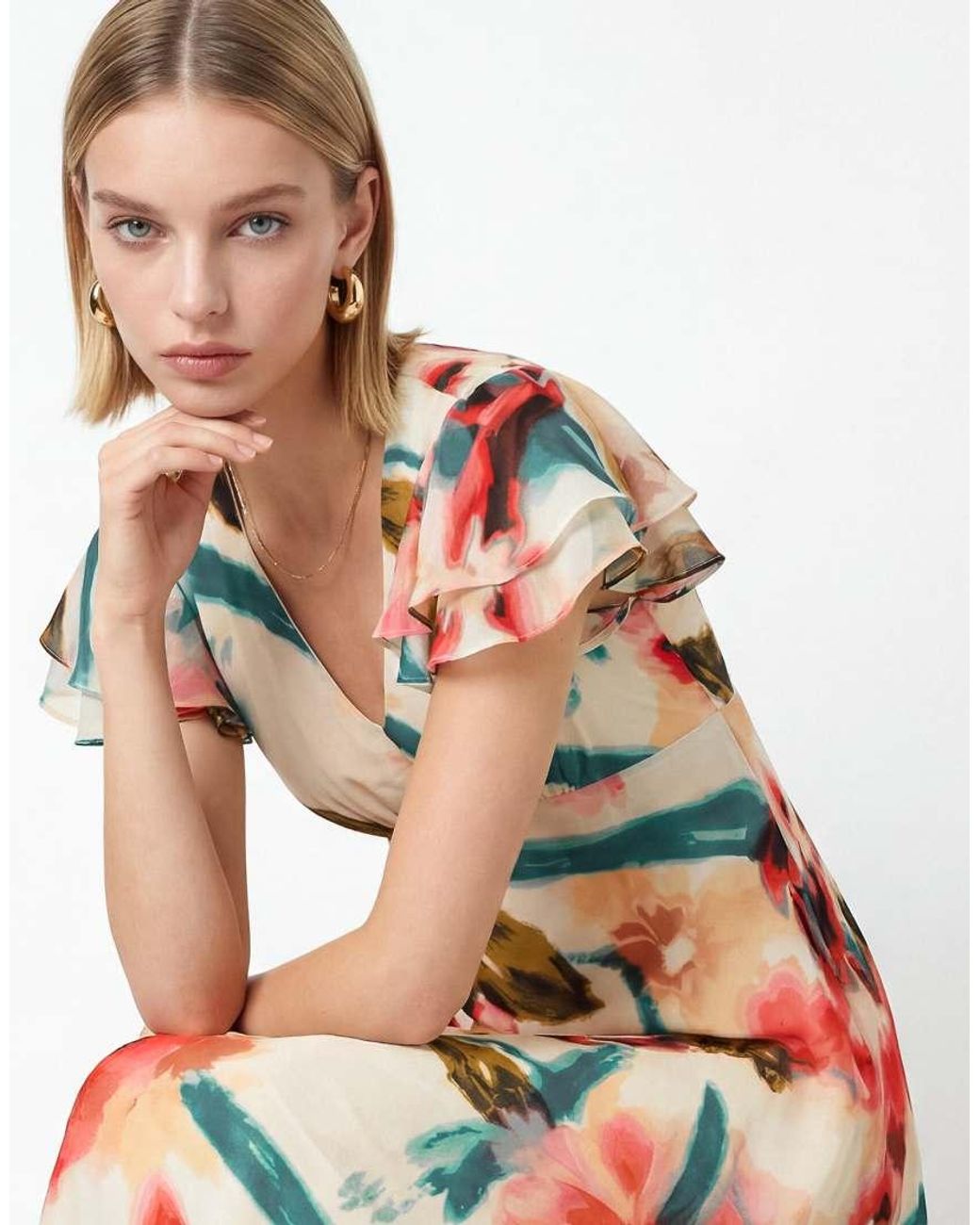 Lovedrobe White Abstract Floral Print V Neck Flutter Sleeve Midaxi Dress