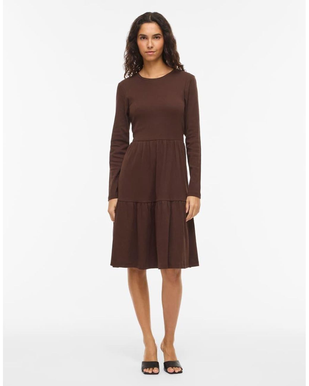 Vila Brown Sleeved Vihollie Ribbed Crew Neck Long Sleeve Medium Midi Dress
