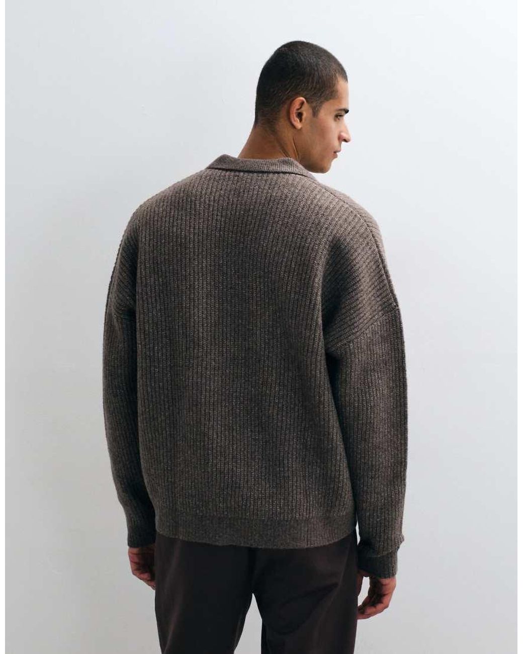 ASOS Gray Super Oversized Knitted Wool Blend Rib Notch Neck Jumper for men