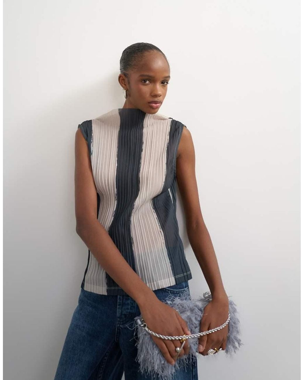 TOPSHOP White High Neck Sleeveless Plisse Top