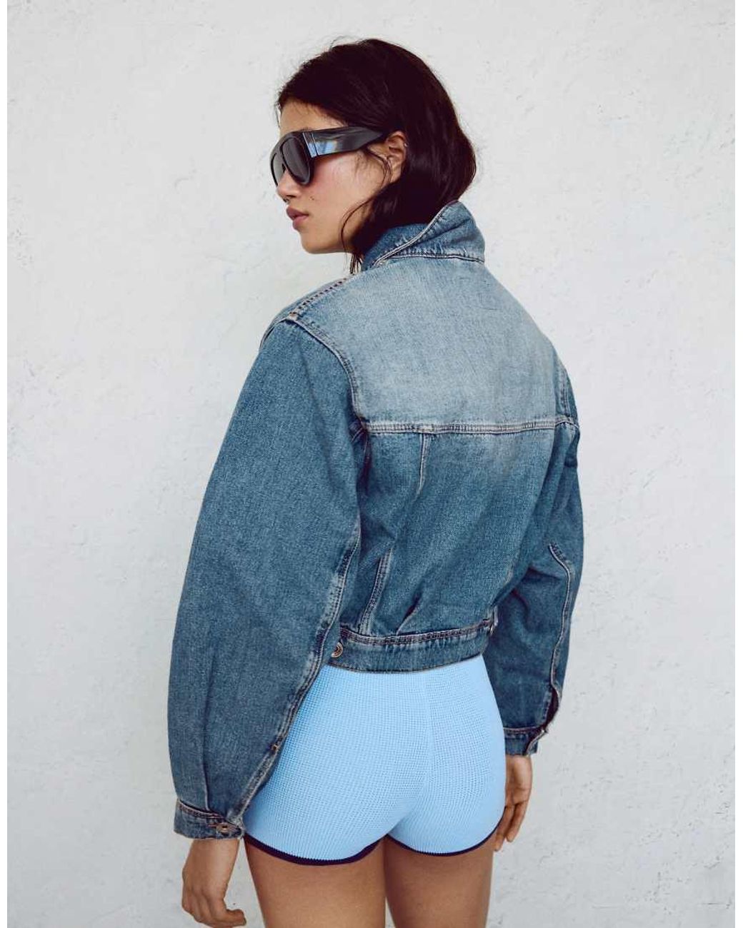 Bershka Blue Cropped Balloon Denim Jacket