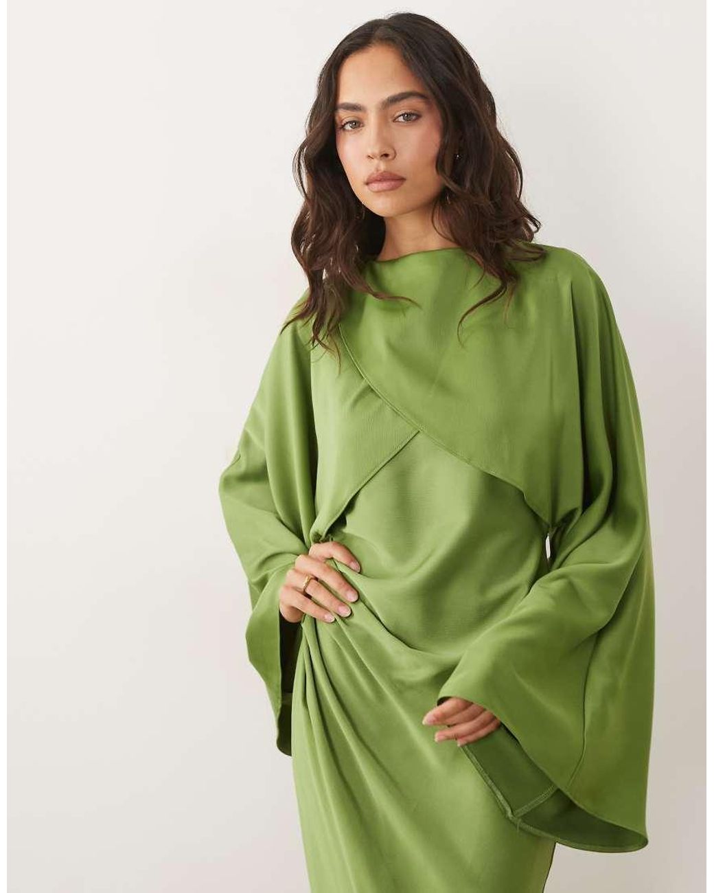 ASOS Green Draped Long Sleeve Cross Front High Neck Satin Maxi Dress
