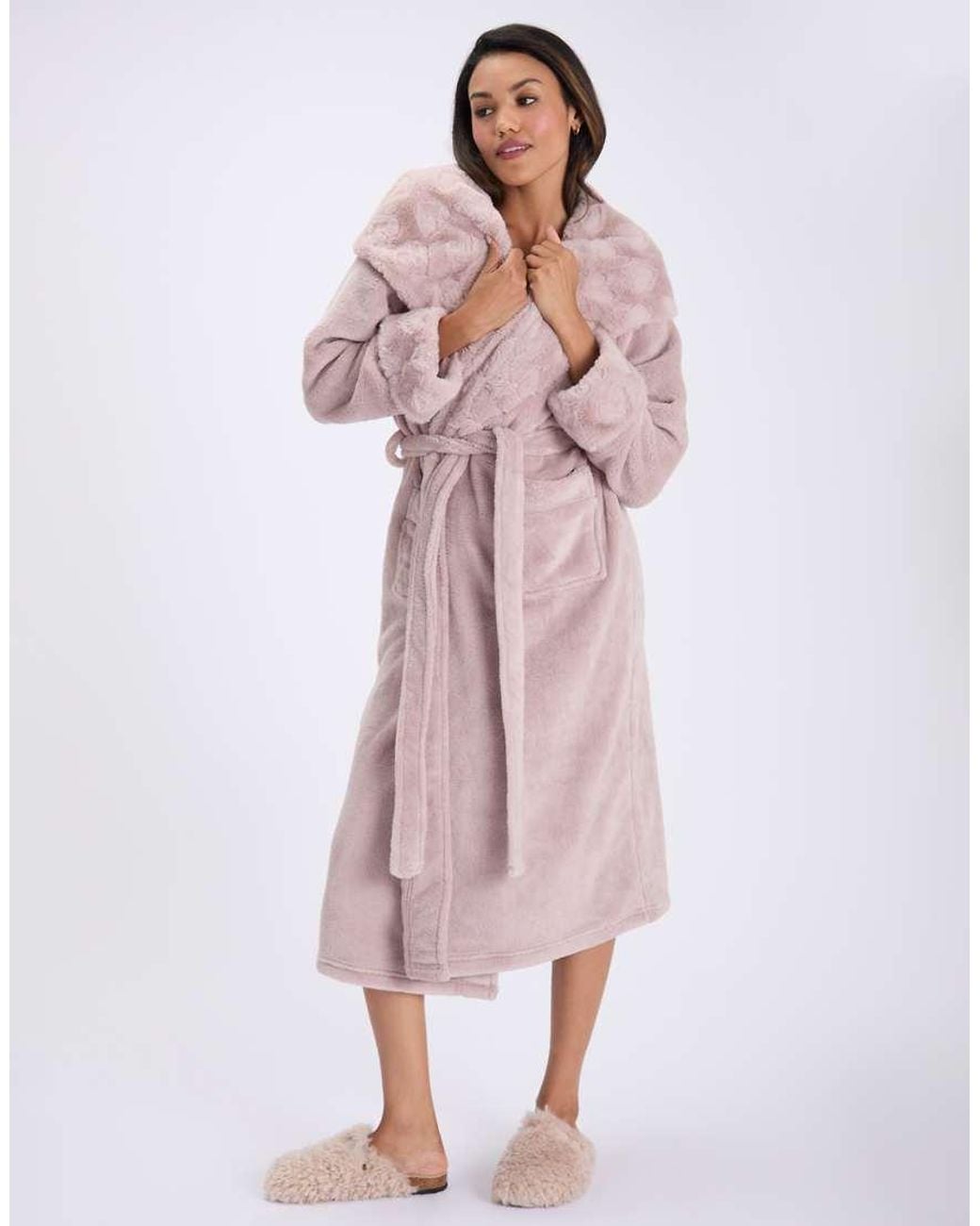 Boux Avenue Pink Heart Fur Trim Long Dressing Gown Soft Bathrobe With Hood