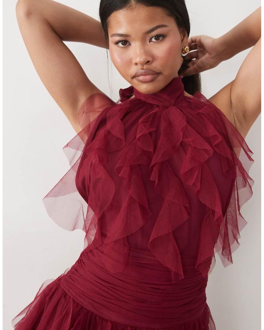 LACE & BEADS Red Tulle Ruffle Halter Drop Hem Mini Dress