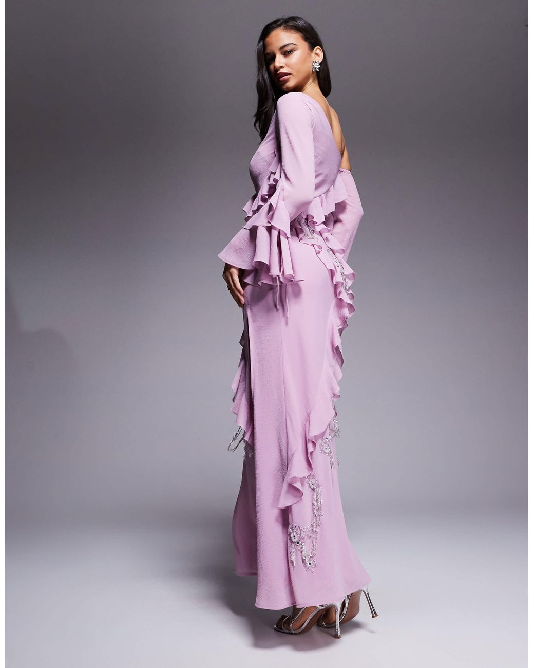 ASOS Raw Edge Ruffle Embellished Maxi Dress With Asymmetric Sleeves In ASOS Raw Edge Ruffle Embellished Maxi Dress With Asymmetric Sleeves In