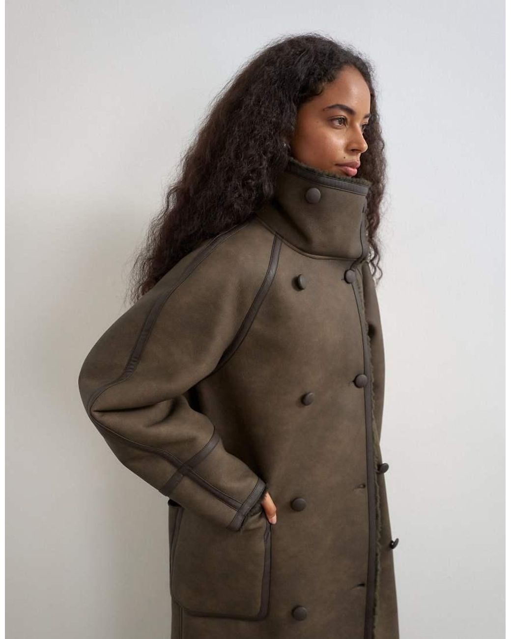 TOPSHOP Natural Longline Faux Leather Funnel Neck Coat