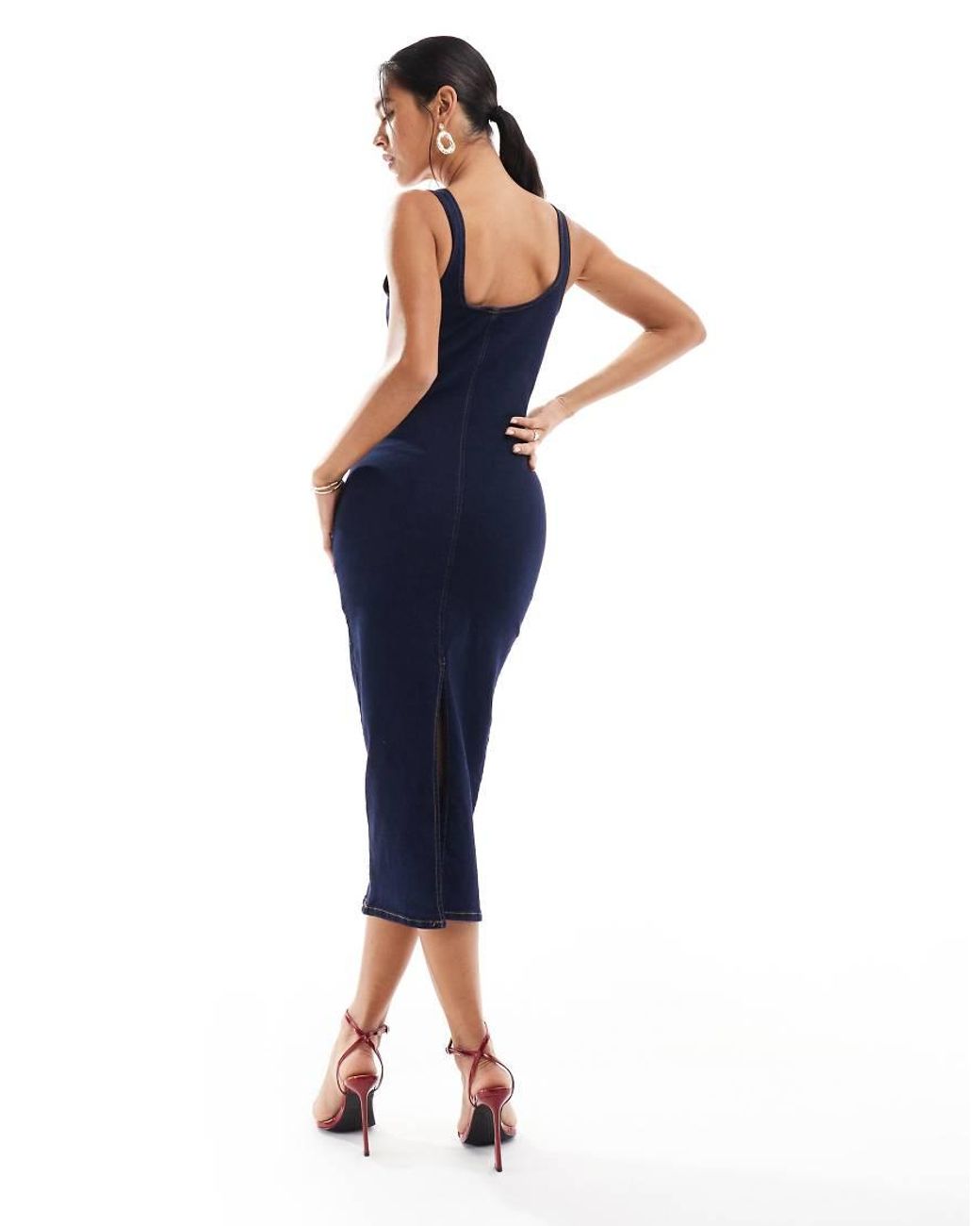 new look denim bodycon dress ASOS DESIGN denim square neck stretch bodycon dress in mid blue