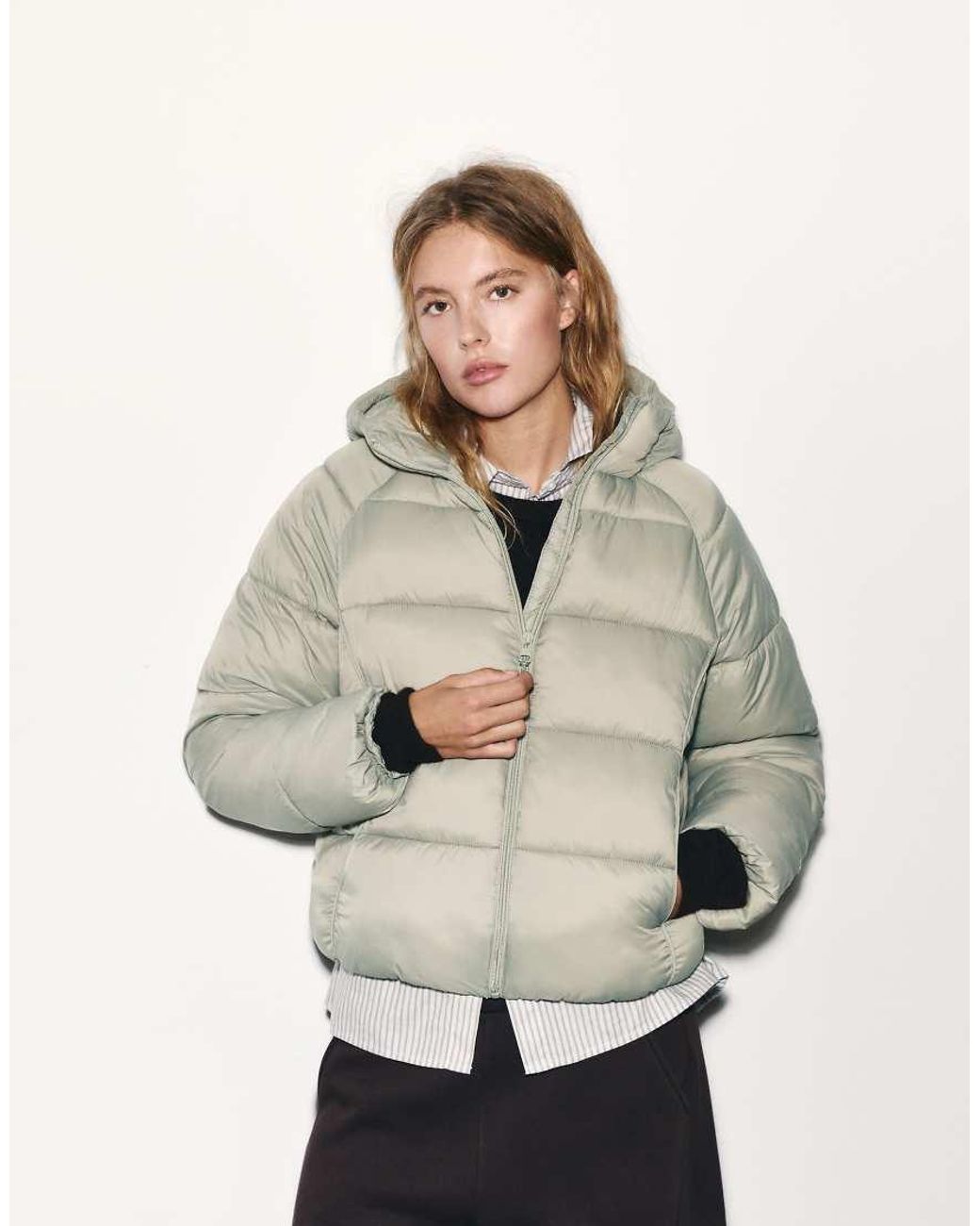 Pull&Bear Green Hooded Puffer Jacket