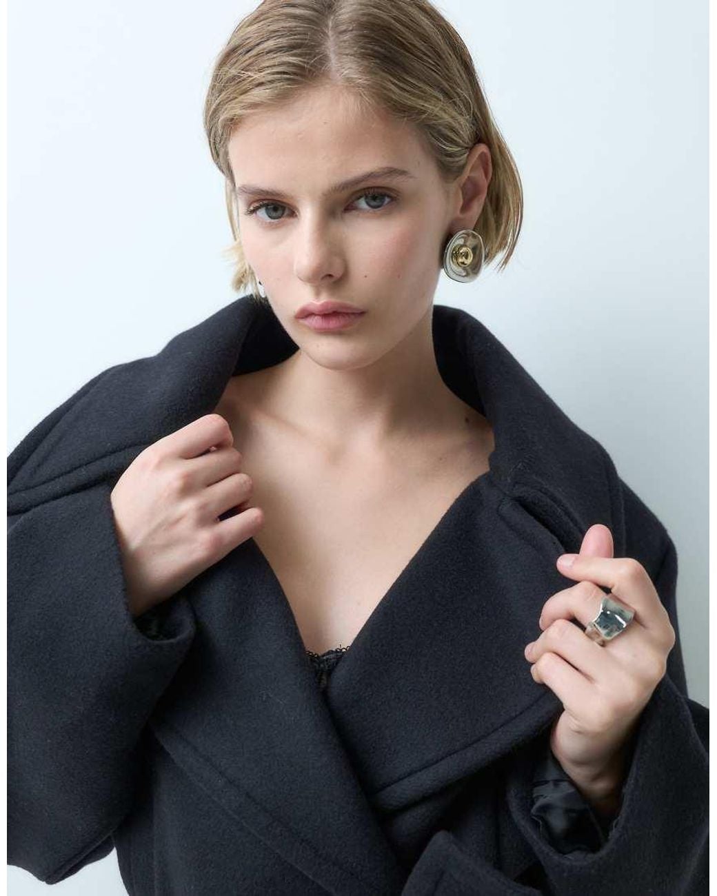 Mango Blue Wool Mix Sculpted Belted Short Jacket