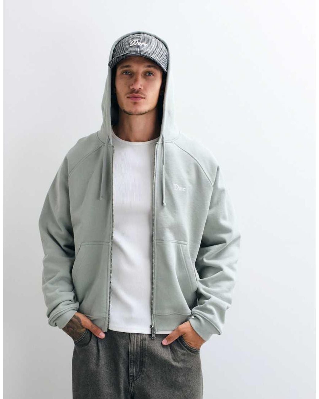 Dime Gray Heavyweight Small Logo Double Zip Hoodie for men