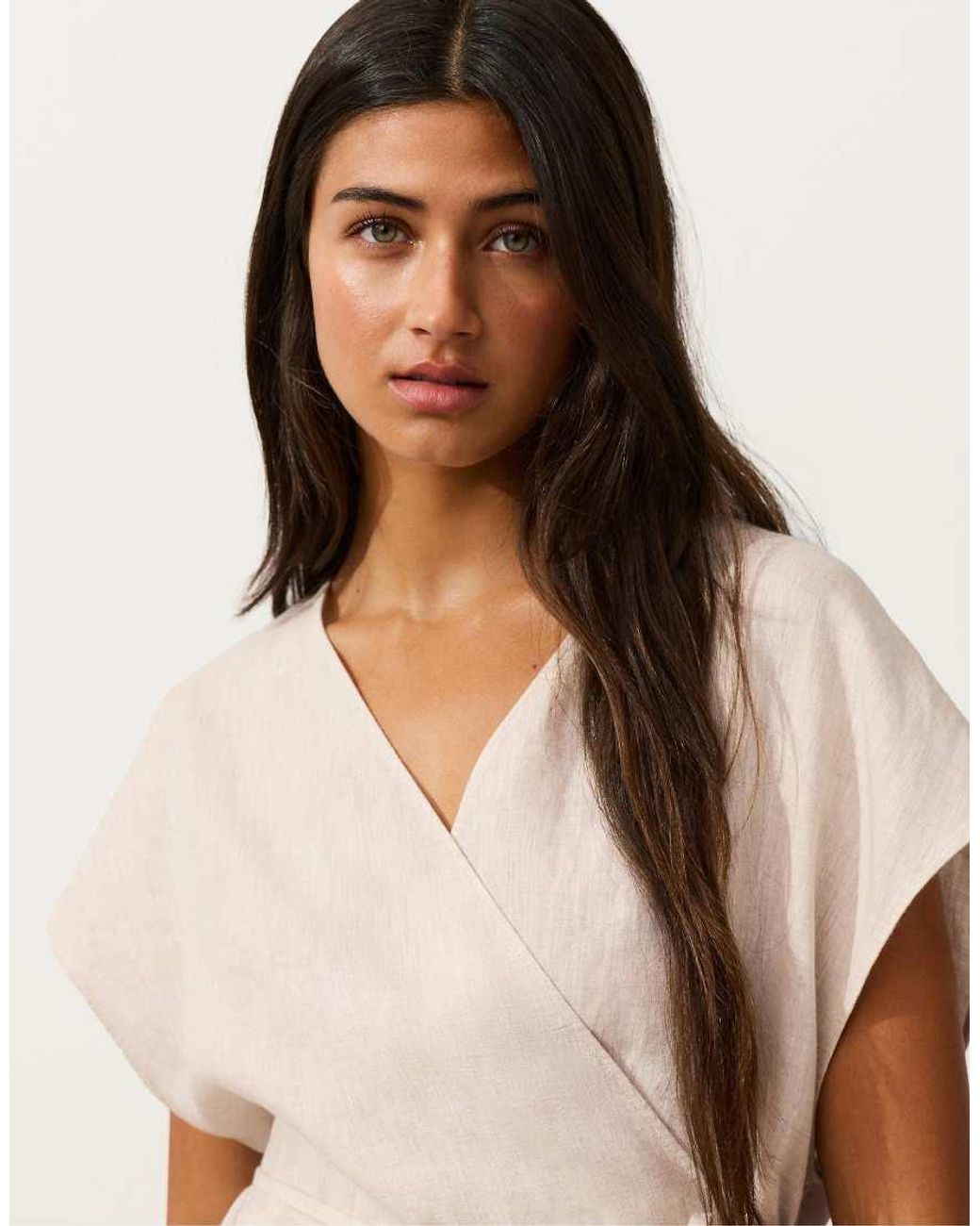 Oysho Natural 100% Linen Wrap Tie Shirt