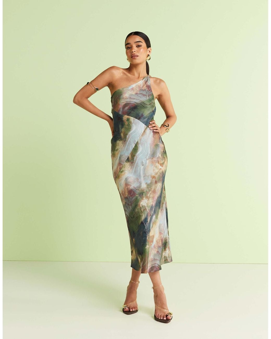 & Other Stories One Shoulder Satin Midi Dress With Twisted Strap Detail in  Green | Lyst