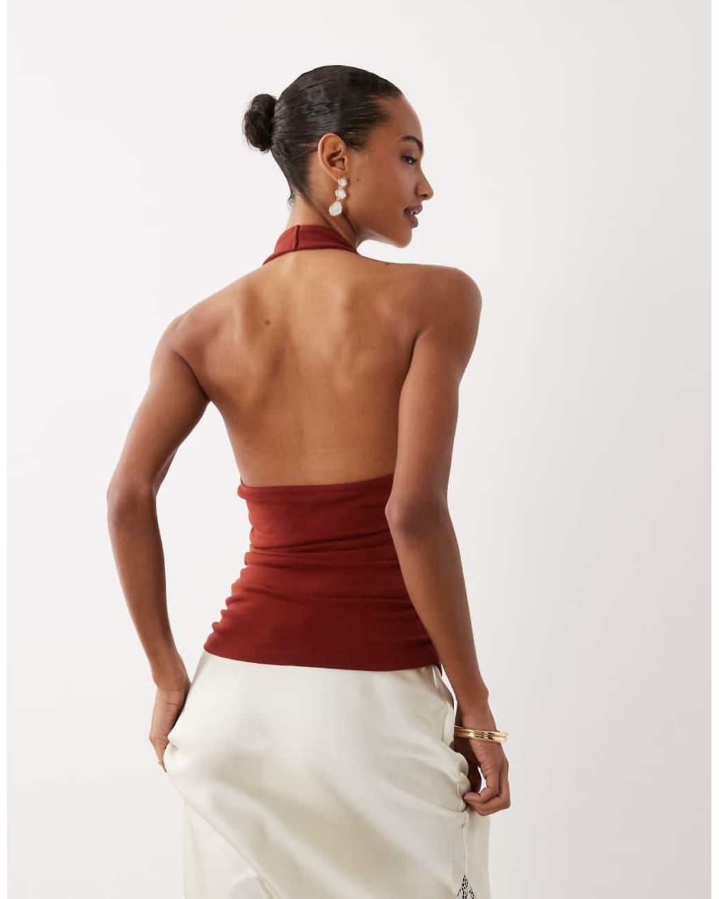ASOS Red Compact Cotton Ruched Halter Neck Top With Bead Detail