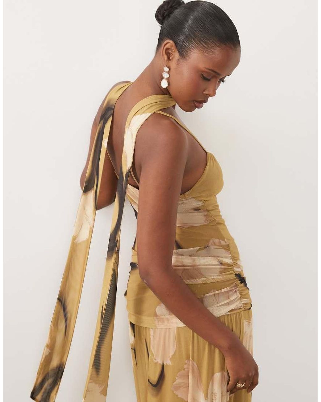 ASOS Natural Printed Mesh Ruched Bust Maxi Dress With Scarf Detail