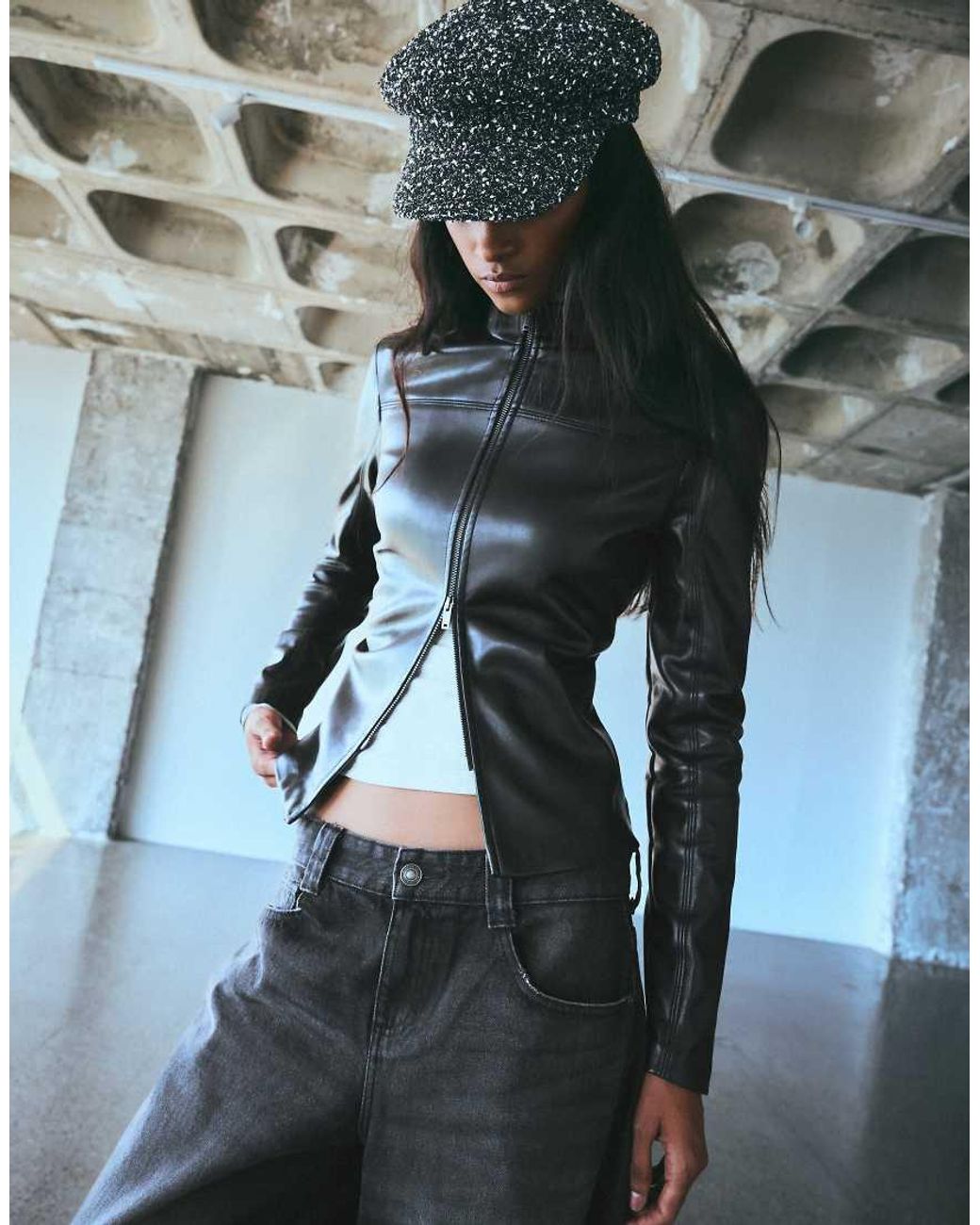 Bershka Black Fitted Leather-effect Zip-up Shirt