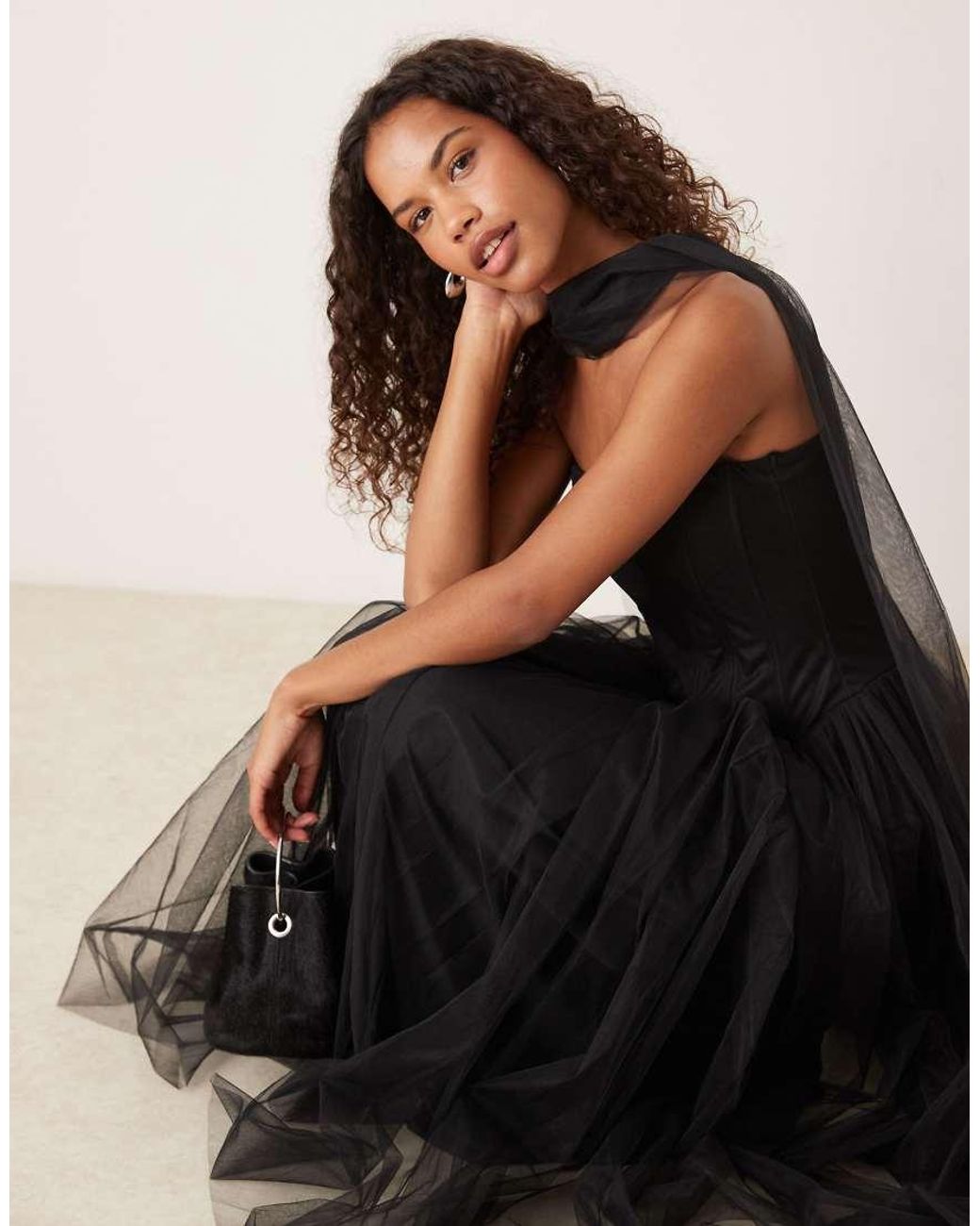 LACE & BEADS Black Strapless Drop Hem Corset Maxi With Neck Scarf
