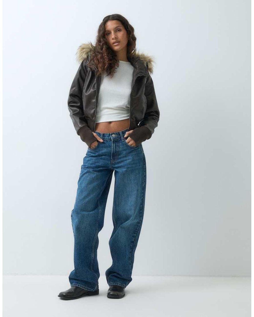 Hollister Blue Y2k Cropped Faux Leather Padded Jacket With Fur Hood