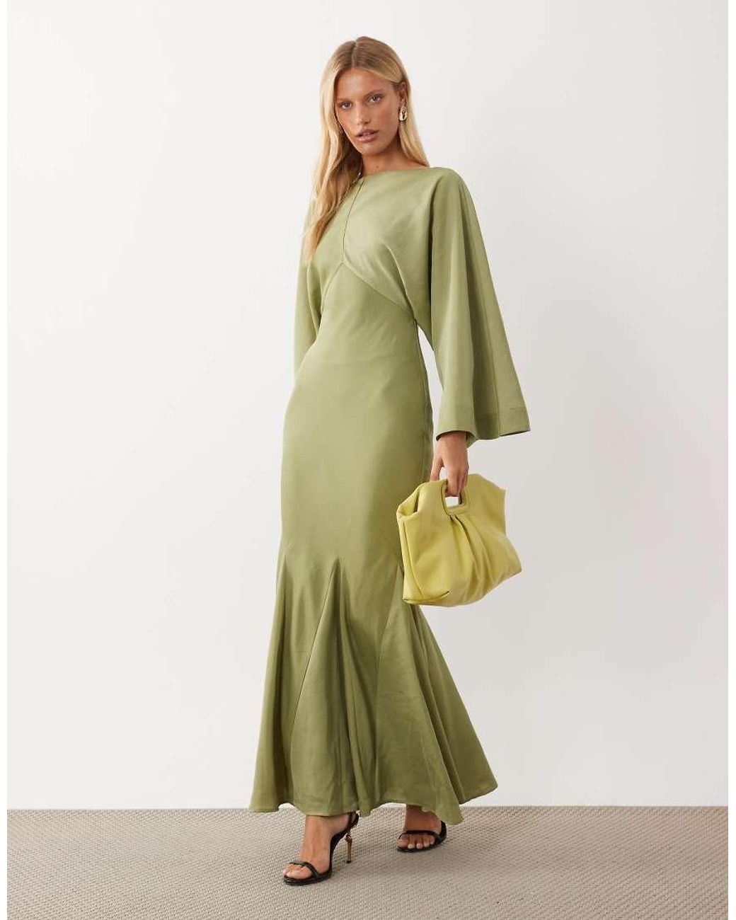 ASOS Green Cape Kimono Sleeve Maxi Dress With Godets And Tassel Tie Detail