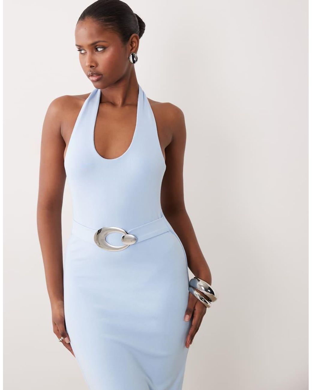 Noughts & Kisses Blue Cotton Blend Soft Touch Halterneck Hardware Detail Maxi Dress