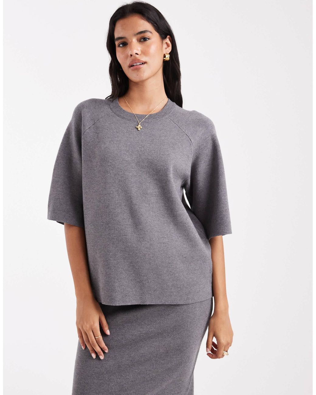 Pull d'ensemble en maille structurée à manches courtes Object en coloris Gray