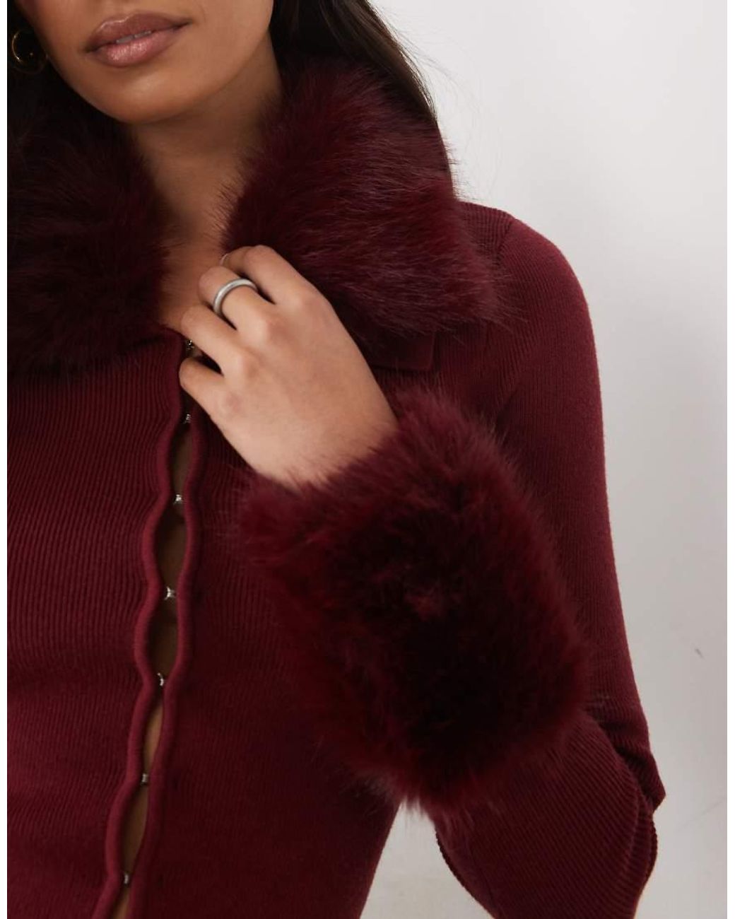 The Frolic Red Exclusive Knitted Faux Fur Collar & Cuff Cardigan