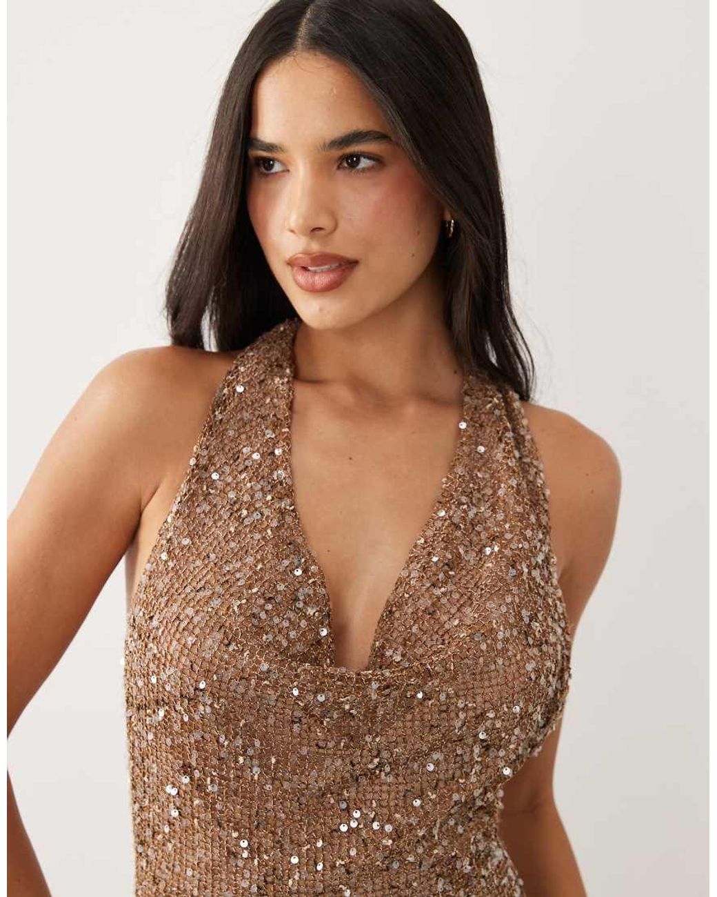 Kulani Kinis Green Espresso Spritz Sequin Halter Mini Dress