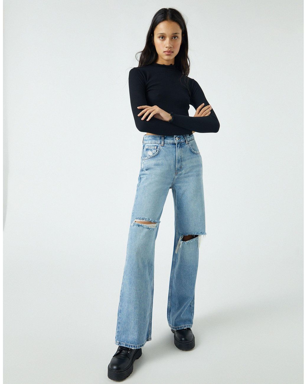 Basic high-waist wide-leg jeans - PULL\u0026BEAR
