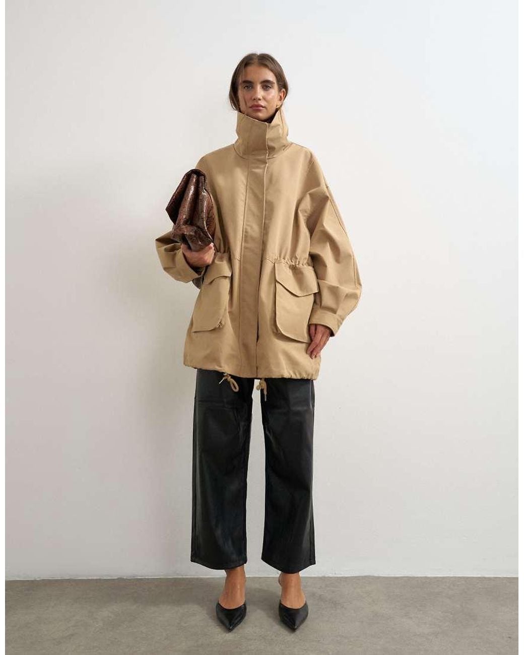 TOPSHOP Natural Twill Cinch Waist Funnel Neck Jacket