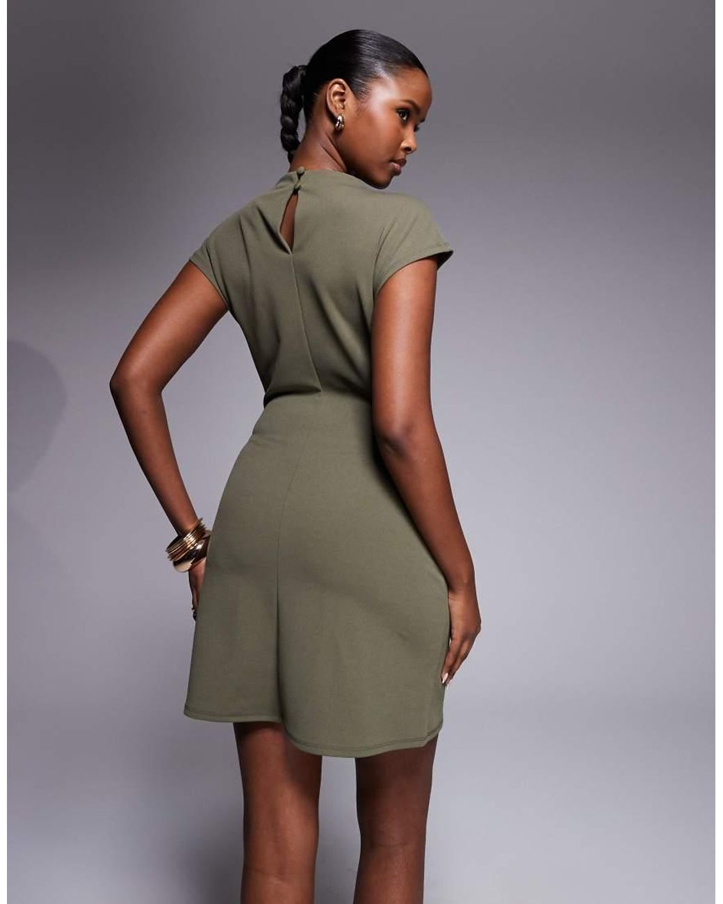 ASOS Green Ruched High Neck Cap Sleeve Mini Dress With Wrap Trim Detail