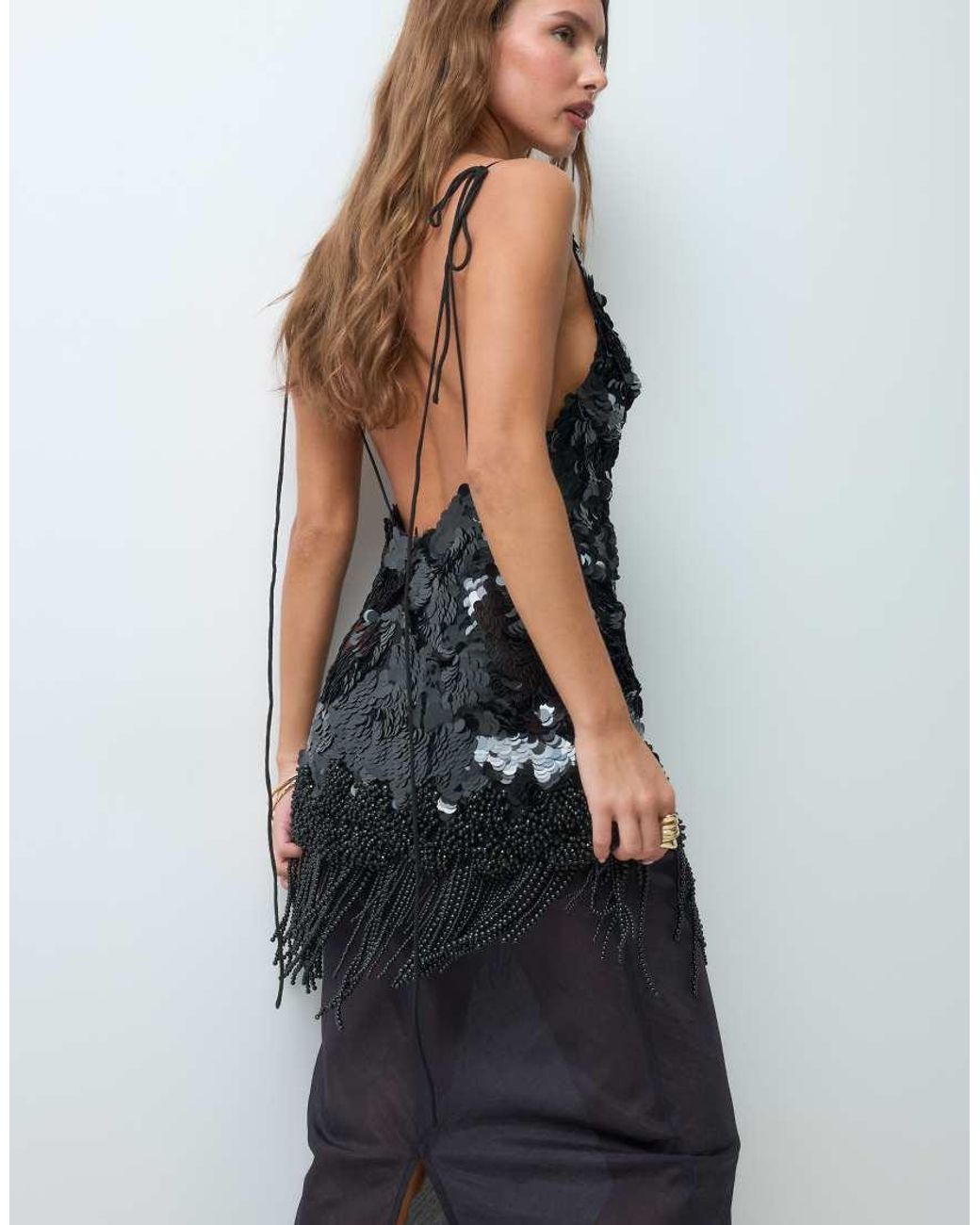 ASOS Natural Textured Sequin Maxi Dress With Beaded Fringe And Sheer Skirt